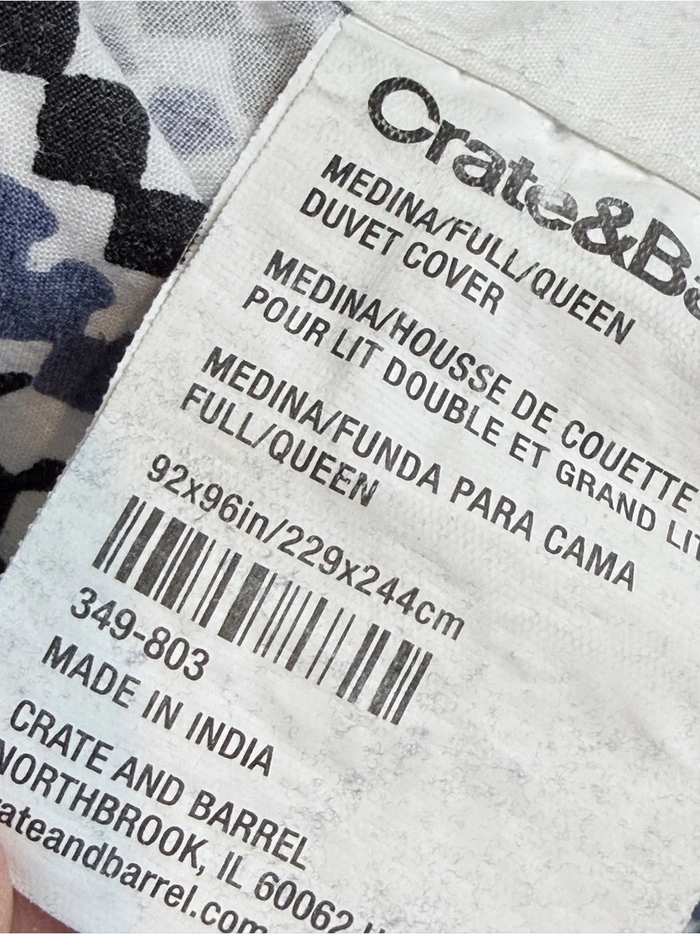 Crate&Barrel Medina Navy and White Geometric Duvet Cover & Shams Set Full/Queen